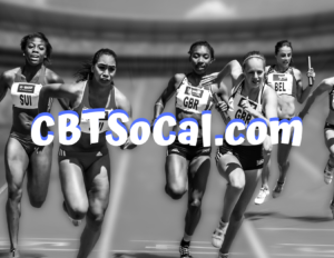 Female sprinters compete in the 400 meter relay and support each other mentally and physically
